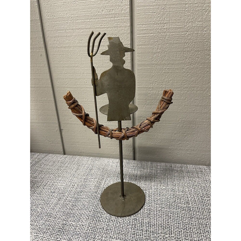 Vintage Brass Candle Stick Silhoutte Farmer With Rake Unusual Barn Art